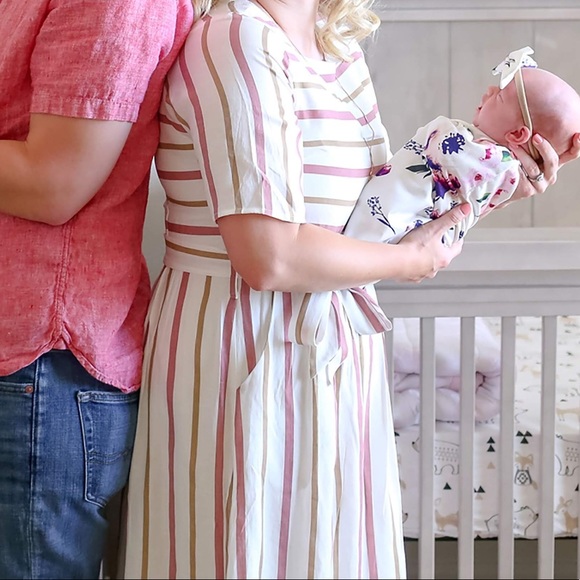 White linen midi dress with pink and taupe stripes - Picture 4 of 4